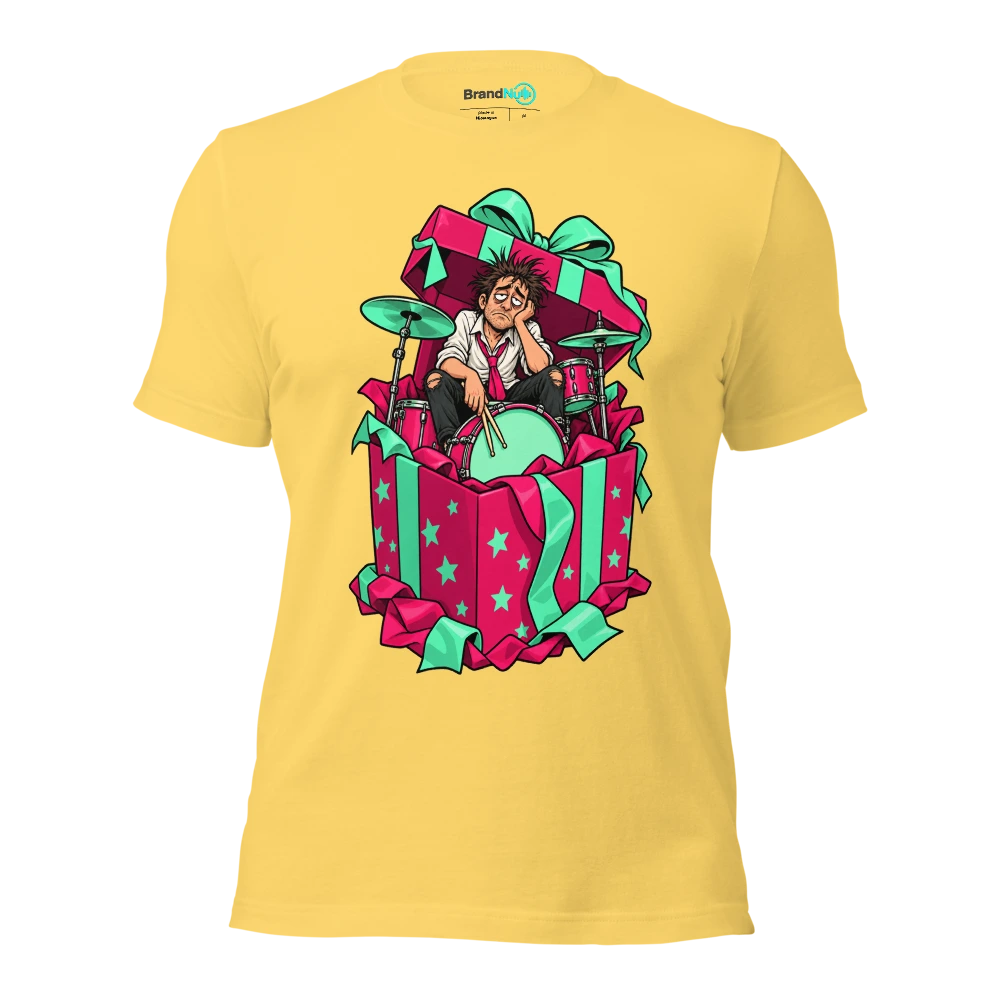 An exhausted drummer sitting inside an enormous open gift box T Shirt Yellow Front