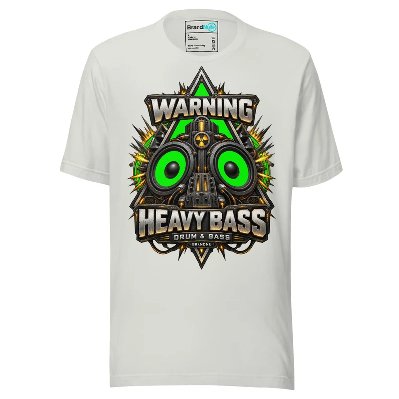 Warning Heavy Bass Drum and Bass T Shirt DnB Triangle Graphic Green Screen - Silver