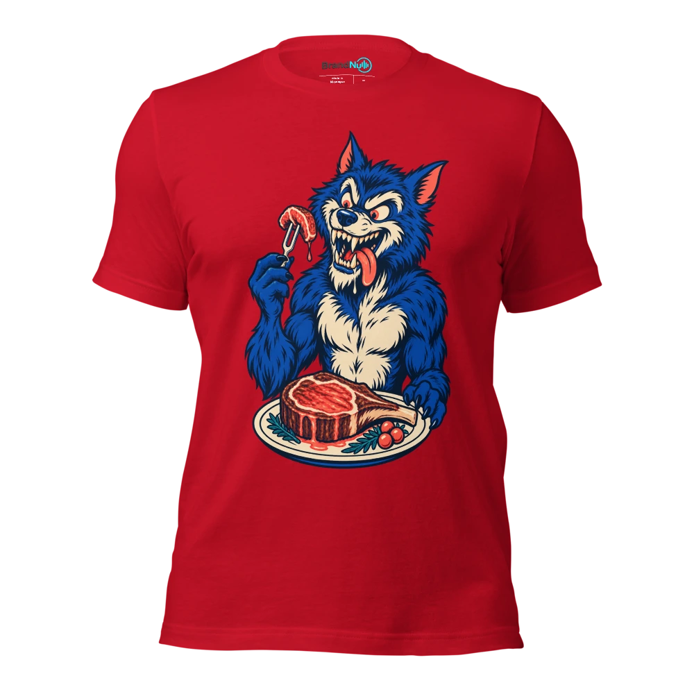 A werewolf using a tuning fork as a tiny dinner fork T Shirt Red Front