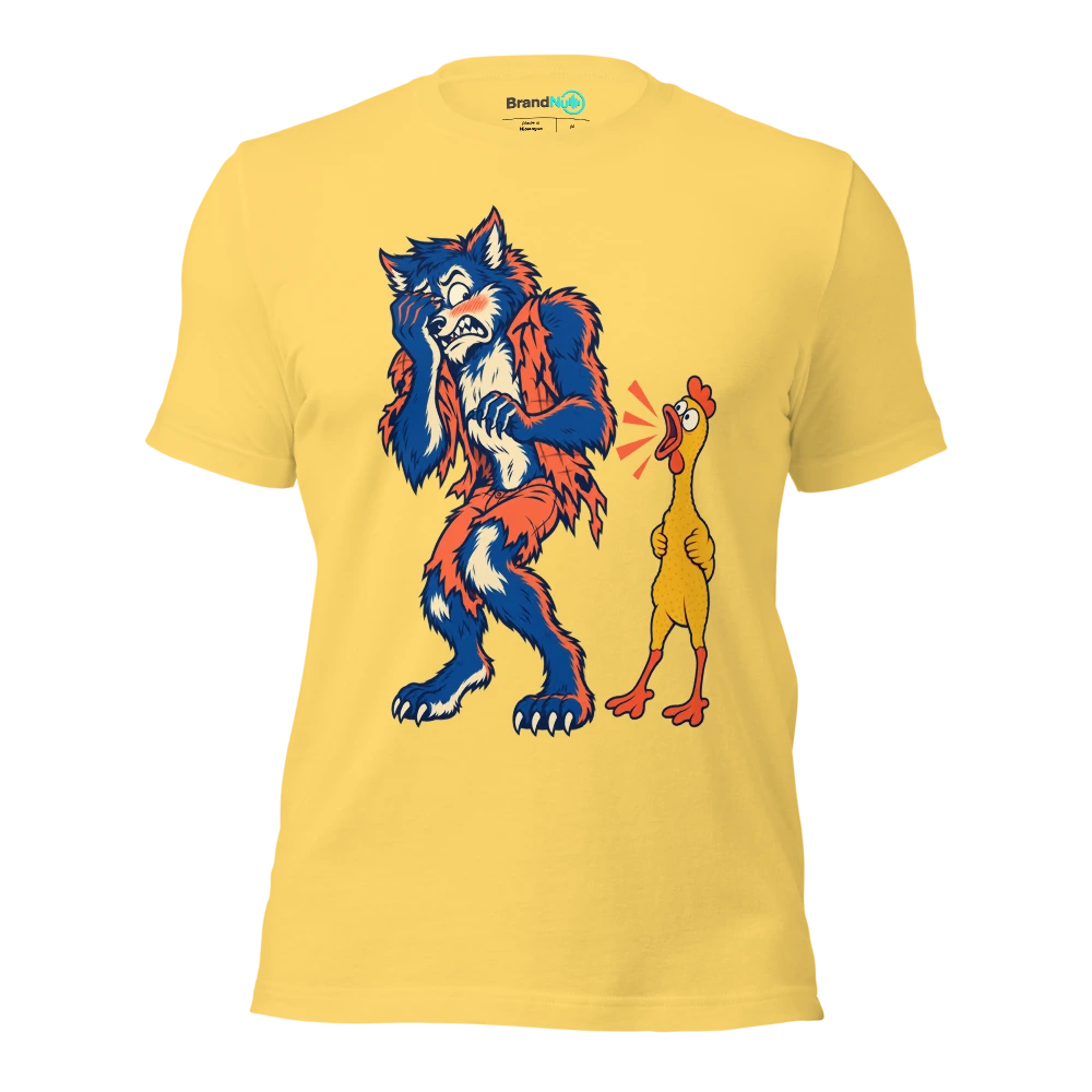 Werewolf embarrassed by a squeaky rubber percussion chicken T Shirt Yellow Front