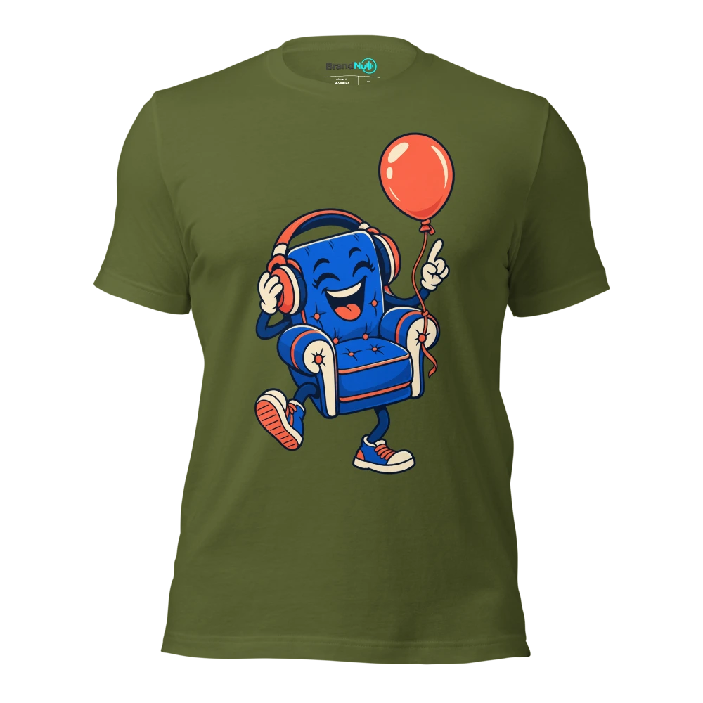 A cheerful armchair wearing headphones with a birthday balloon tied to its leg T Shirt Olive Front