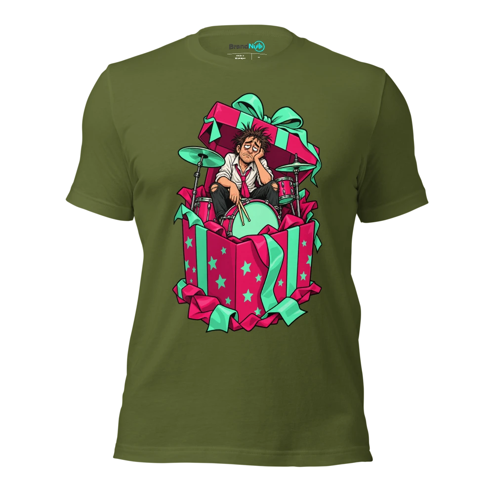 An exhausted drummer sitting inside an enormous open gift box T Shirt Olive Front
