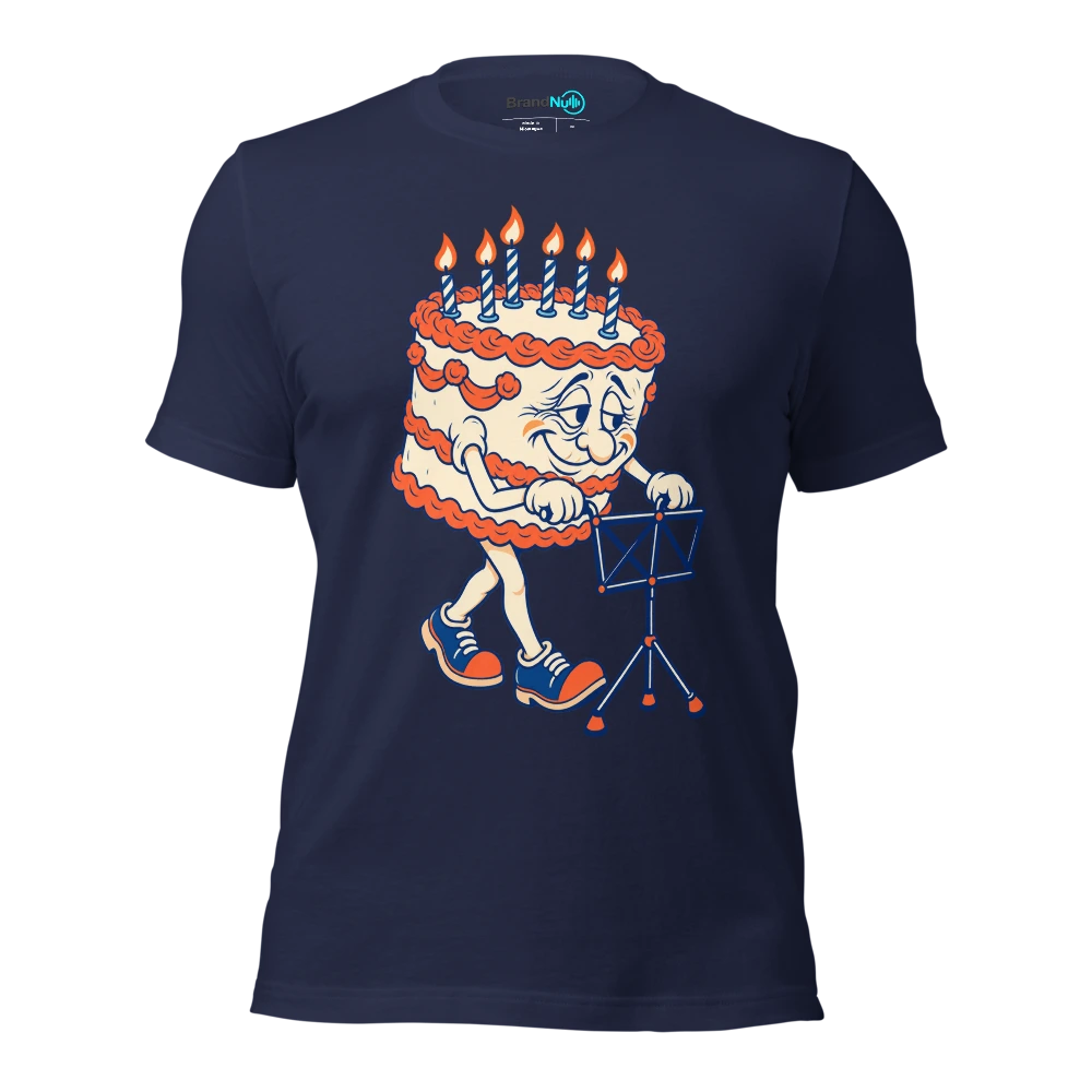 Cake mascot pushing a folded music stand like a walking frame T Shirt Navy Front