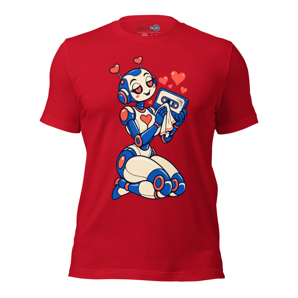 A romantic robot polishing a scratched blank cassette with a handkerchief T Shirt Red Front