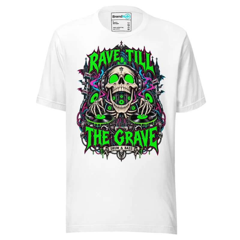 Rave Till The Grave Drum and Bass T Shirt DnB Skull Graphic Green Screen White