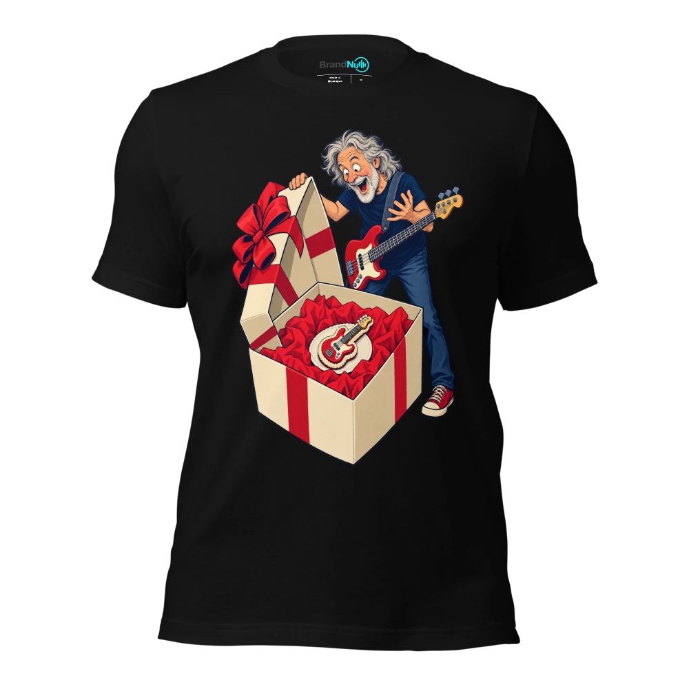 Older bassist finding a tiny bass shaped cake in a huge box T-SHIRT