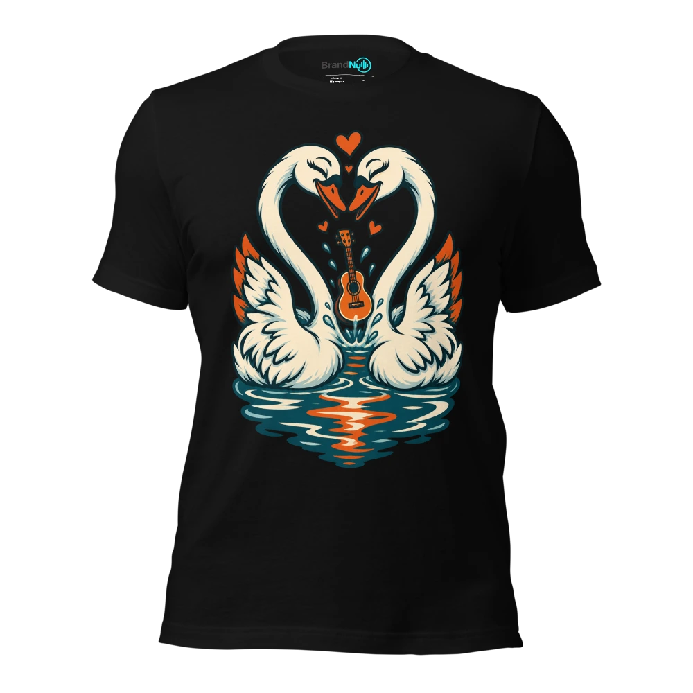 A pair of swans forming a heart around a tiny floating guitar T-SHIRT