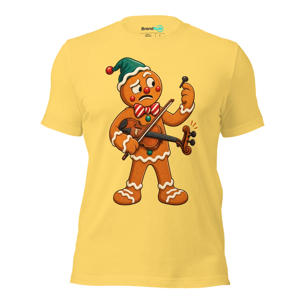 Gingerbread violinist inspecting one missing candy peg T Shirt Yellow Front