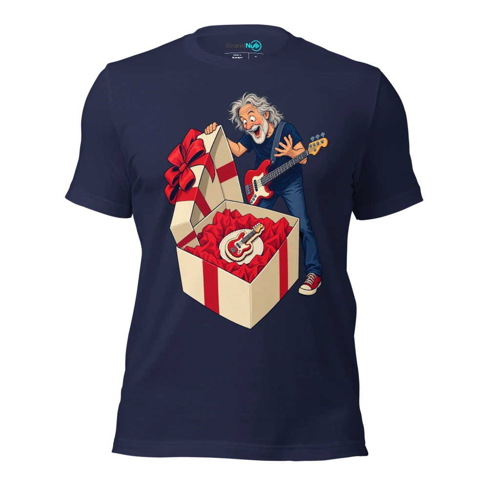 Older bassist finding a tiny bass shaped cake in a huge box T Shirt Navy Front