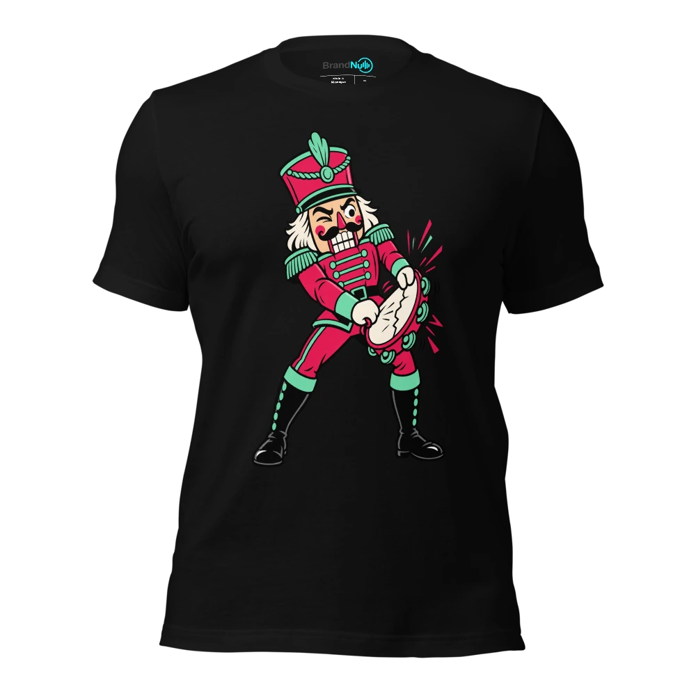 A nutcracker soldier attempting to crack a tambourine T Shirt Black Front