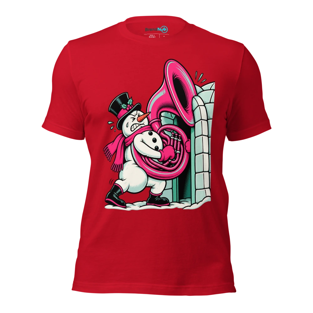 Snowman trying to carry a sousaphone through an igloo door T Shirt Red Front