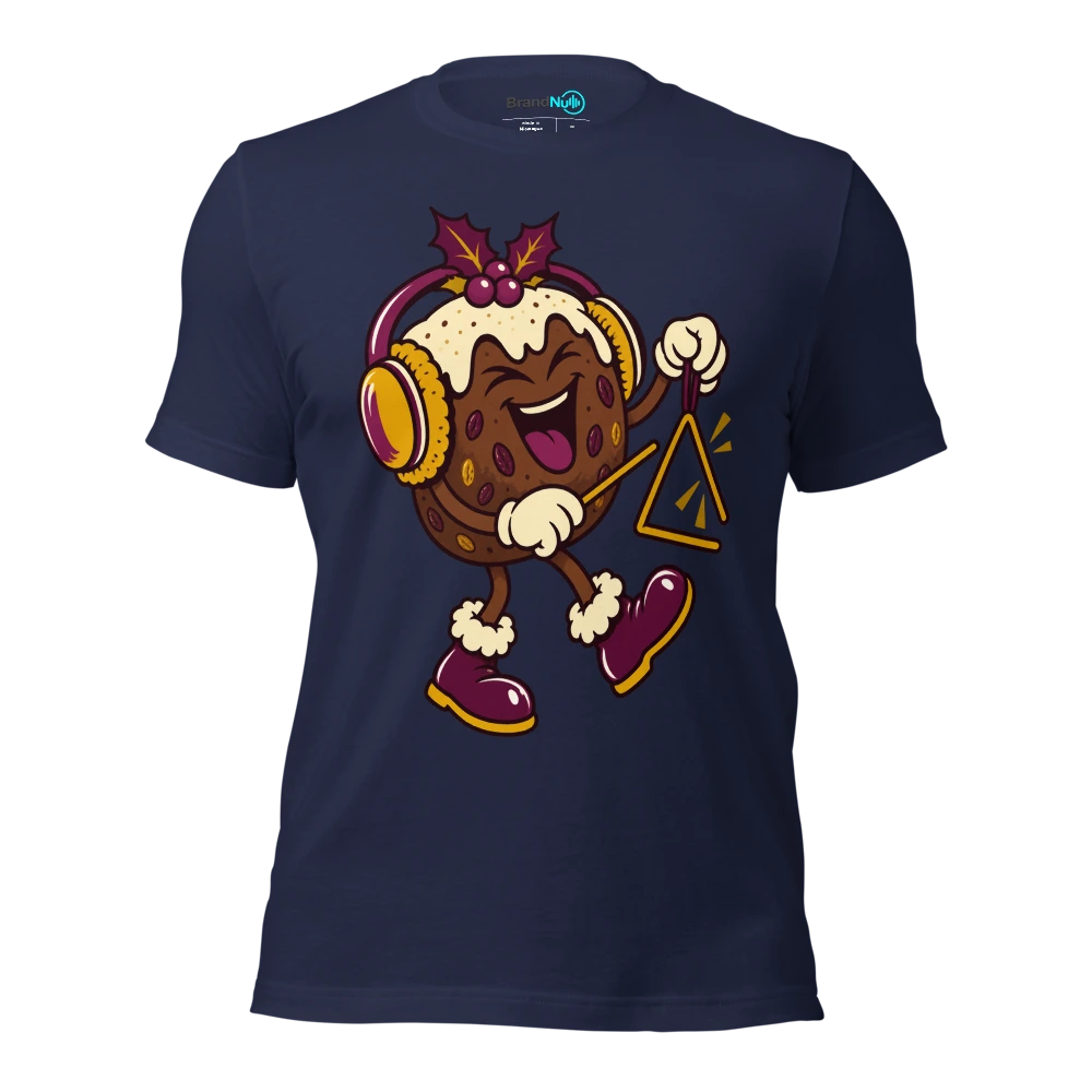A Christmas pudding wearing oversized ear defenders beside a triangle T Shirt Navy Front