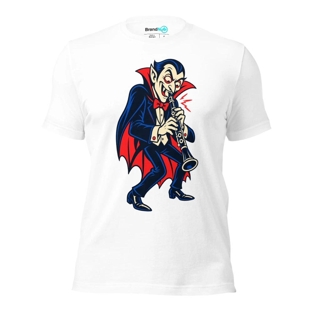 A vampire politely biting a squeaky clarinet reed T Shirt White Front