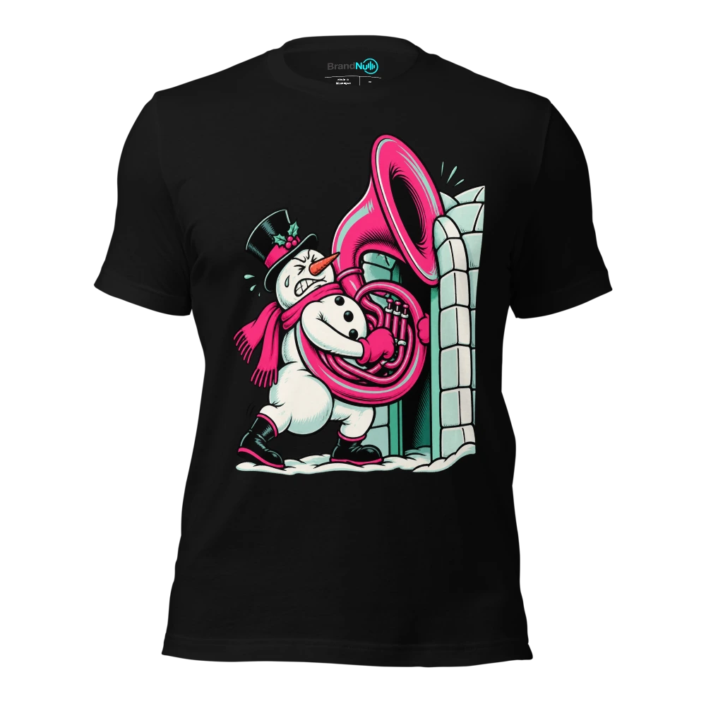 Snowman trying to carry a sousaphone through an igloo door T Shirt Black Front