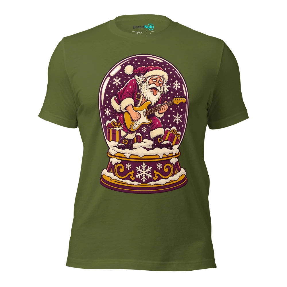 A snow globe containing an exhausted miniature guitarist T Shirt Olive Front