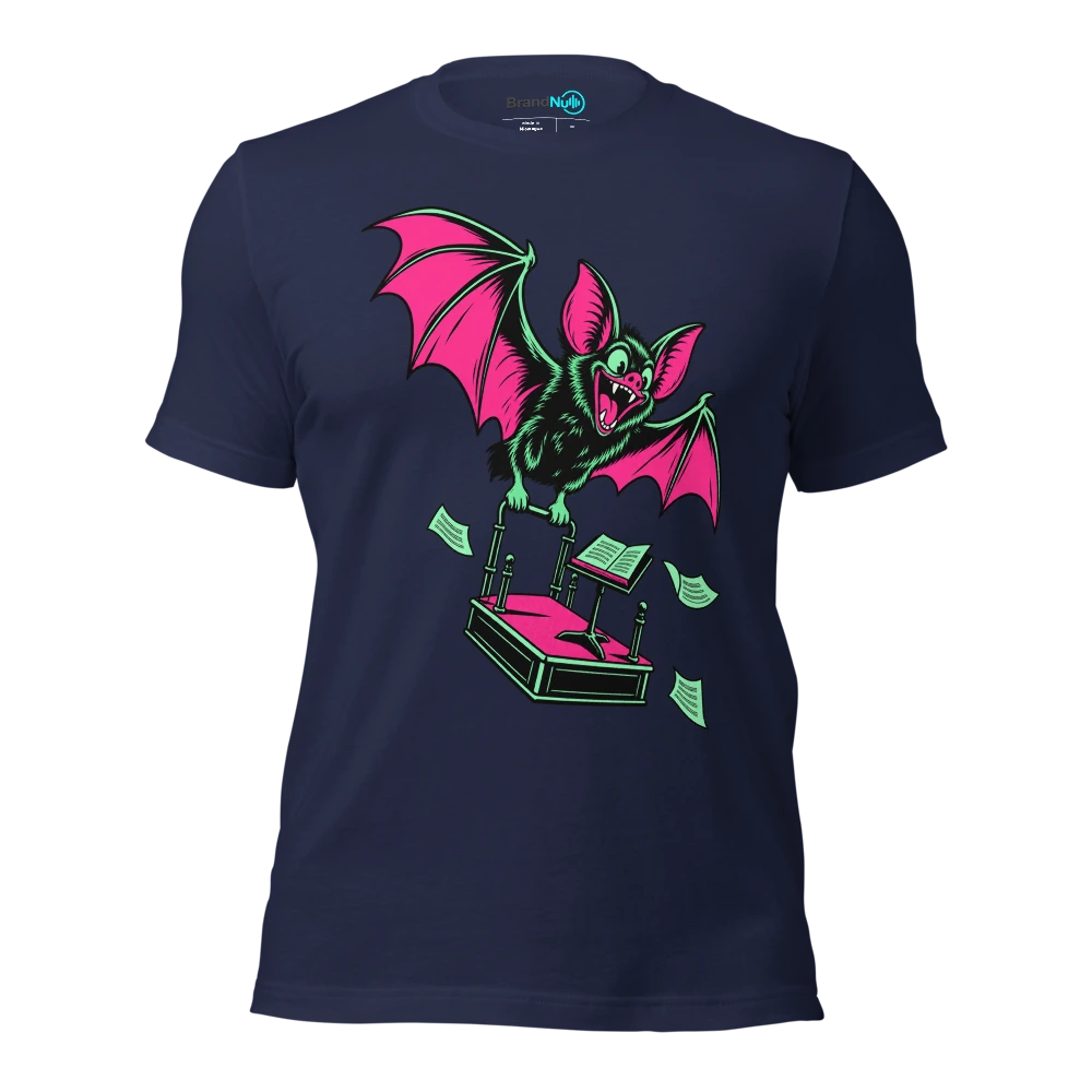 Bat carrying a miniature conductor podium by its handle T Shirt Navy Front