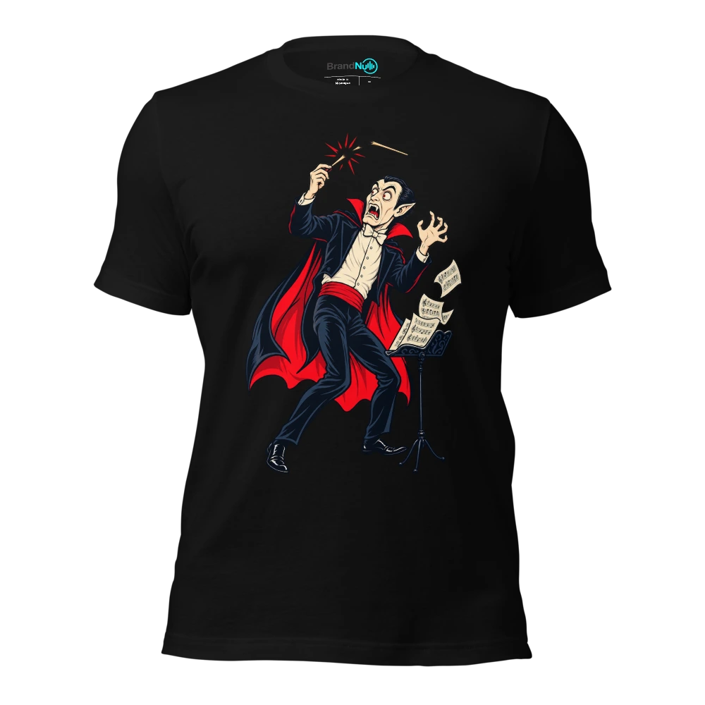 Vampire conductor startled by his own snapping baton T-SHIRT