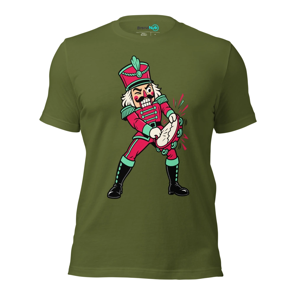 A nutcracker soldier attempting to crack a tambourine T Shirt Olive Front
