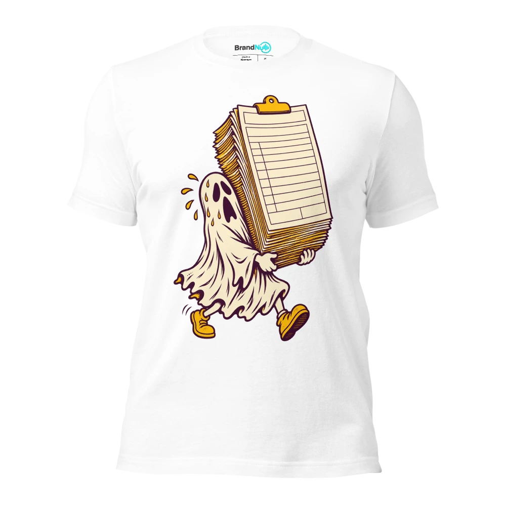 Ghost carrying an enormous blank instrument insurance form T Shirt White Front