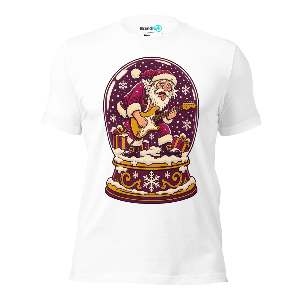 A snow globe containing an exhausted miniature guitarist T Shirt White Front