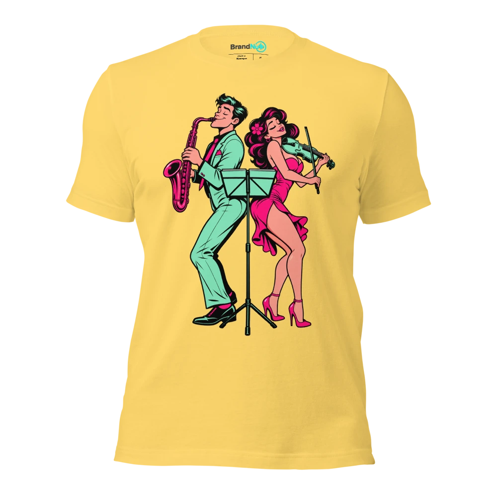 Couple sharing a music stand while facing opposite directions T Shirt Yellow Front