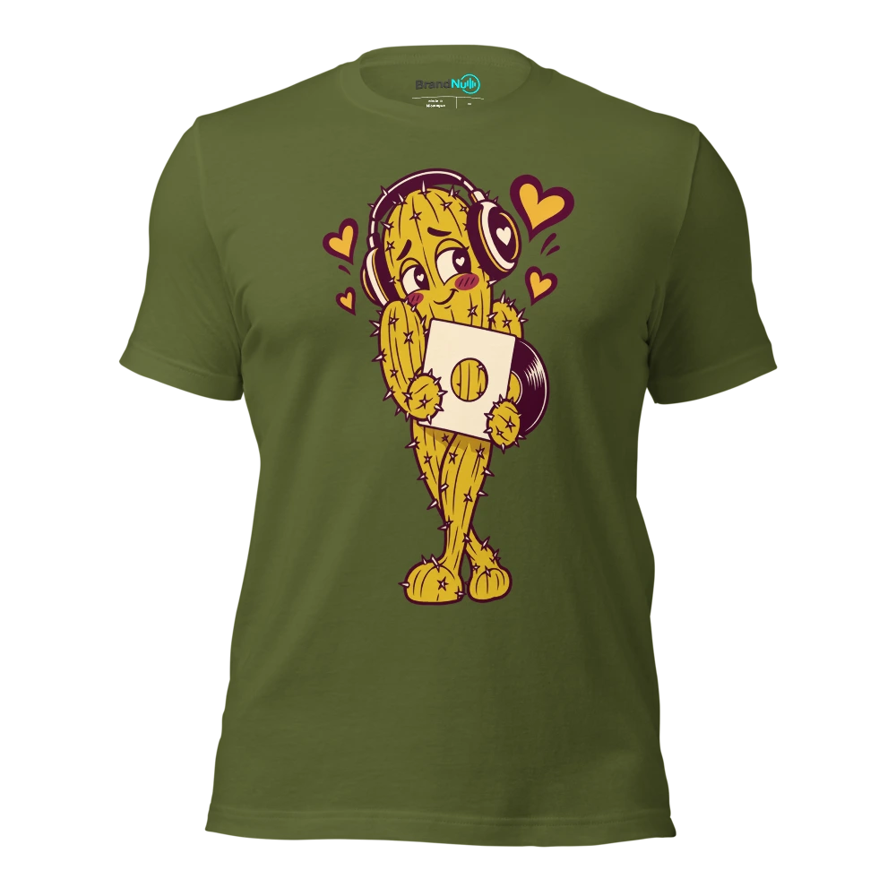 A bashful cactus wearing headphones and offering a blank record sleeve T Shirt Olive Front