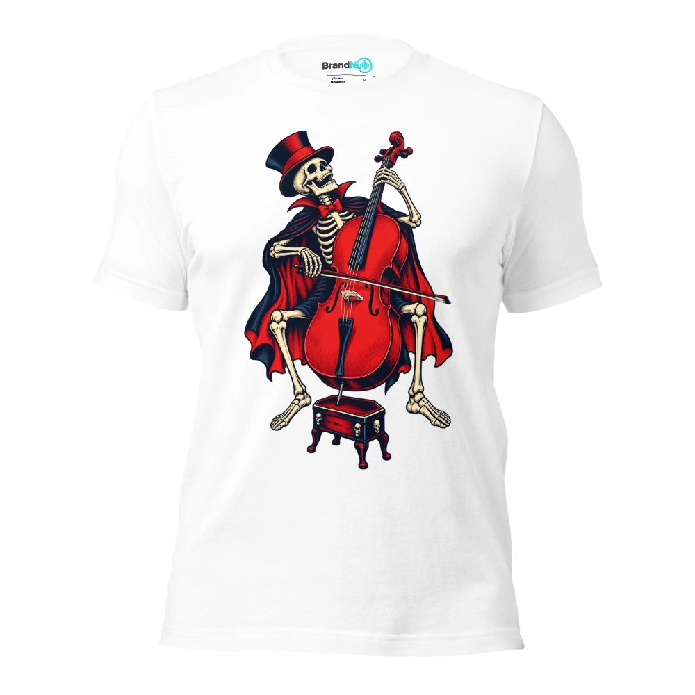 Skeleton balancing a cello on a tiny coffin stool T Shirt White Front