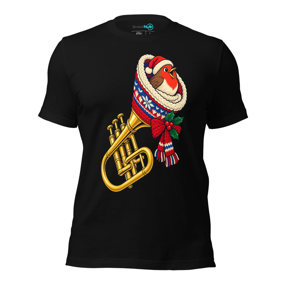 A robin nesting inside a warm wool covered trumpet bell T-SHIRT