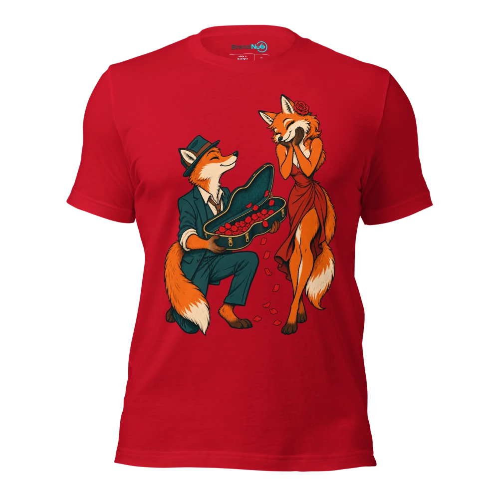 Fox offering an empty instrument case full of rose petals T Shirt Red Front
