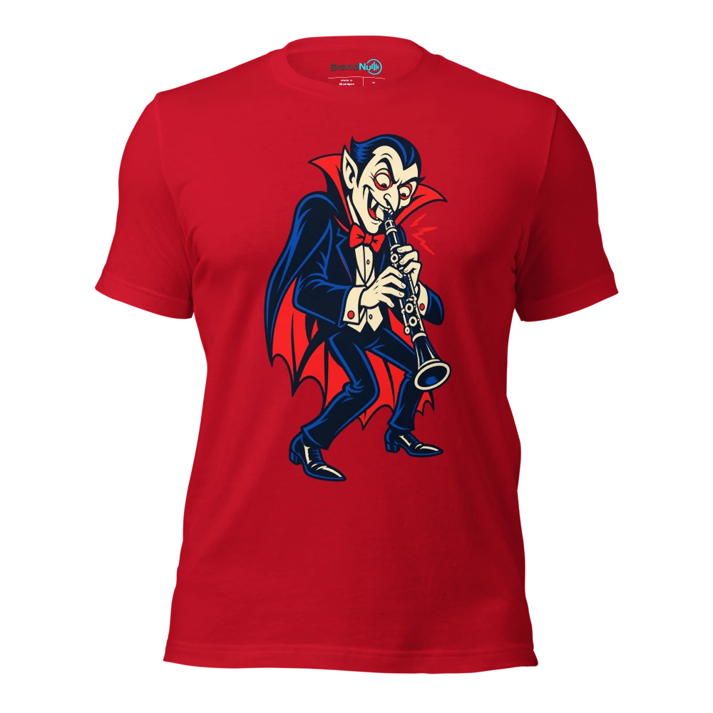 A vampire politely biting a squeaky clarinet reed T Shirt Red Front