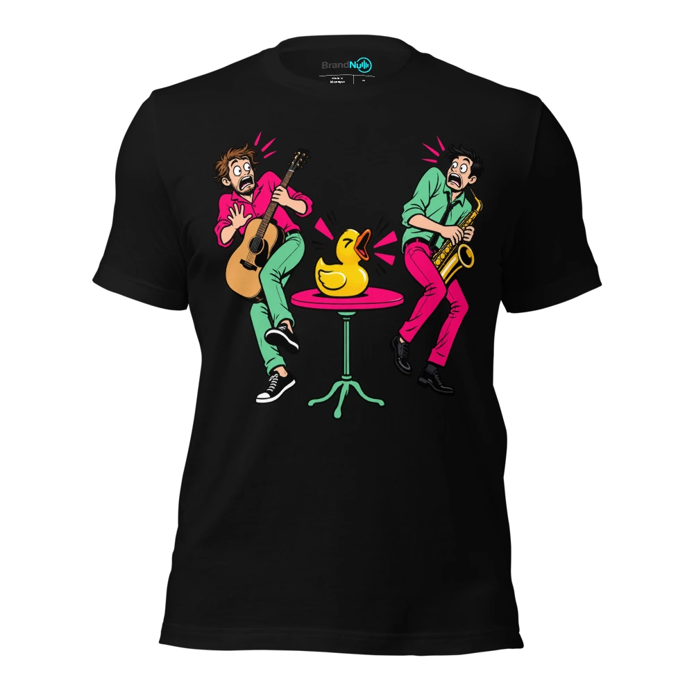 Couple leaning away from an unexpectedly loud squeaky toy T-SHIRT