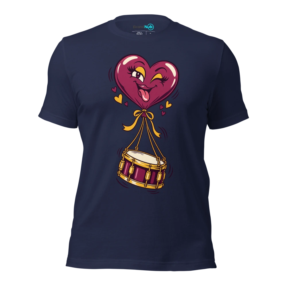 A heart shaped balloon lifting a miniature snare drum T Shirt Navy Front