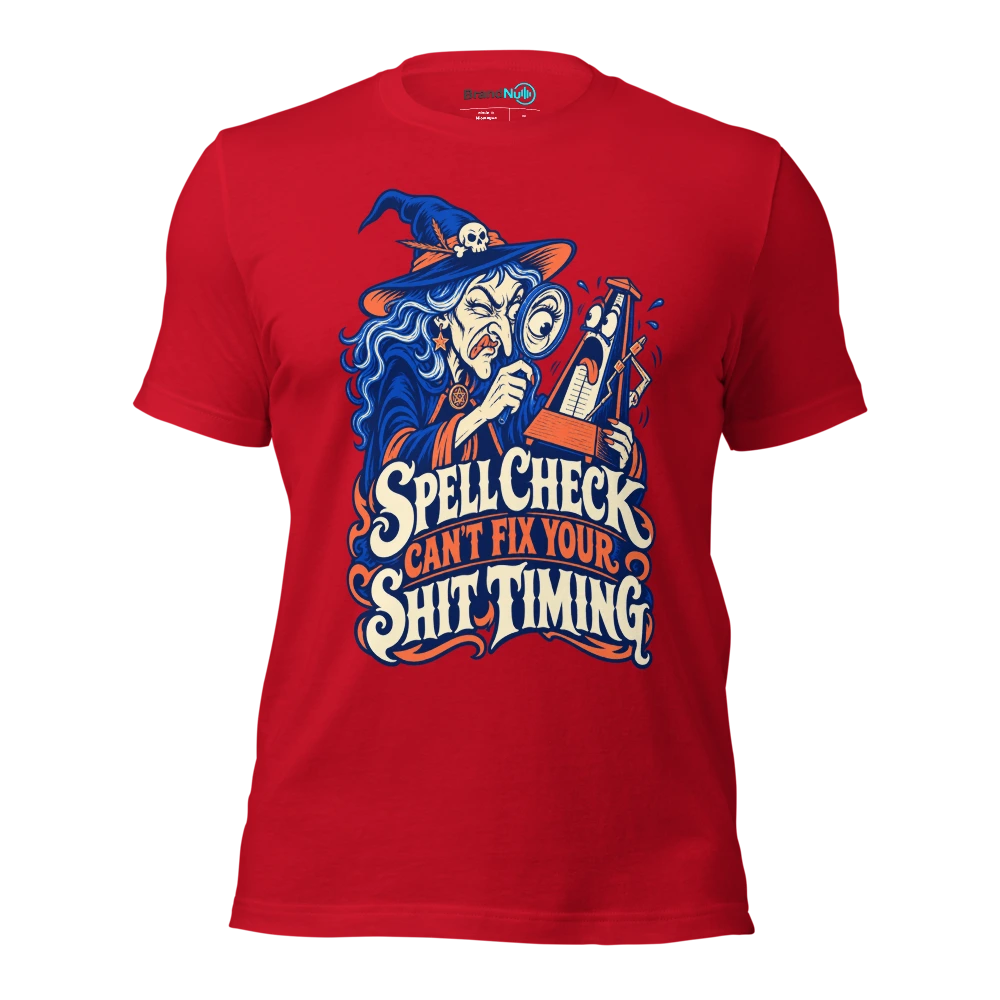 SPELL CHECK CAN'T FIX YOUR SHIT TIMING T Shirt Red Front