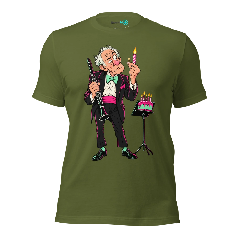 Older clarinetist comparing a candle to a tiny reed T Shirt Olive Front