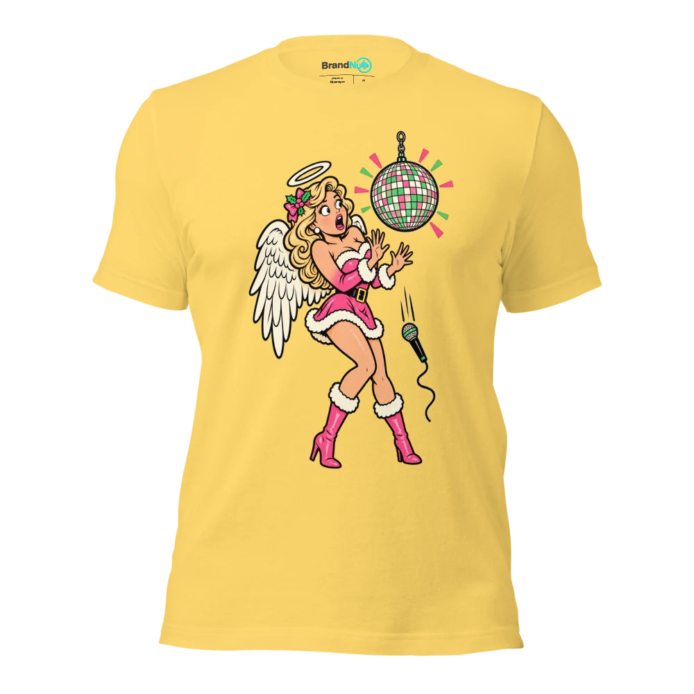 THE DISCO ANGEL HAS MISSED THE CUE T Shirt Yellow Front