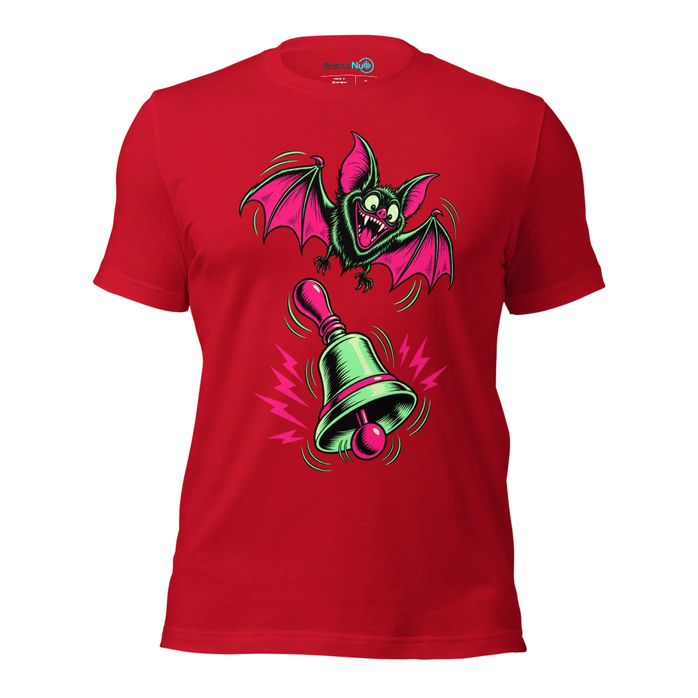 Bat flapping above a single loudly ringing handbell T Shirt Red Front