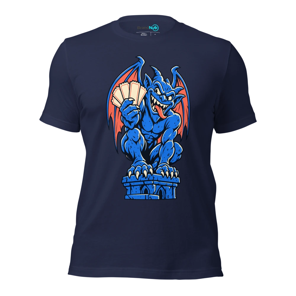 A grinning gargoyle clutching a stack of blank concert tickets T Shirt Navy Front
