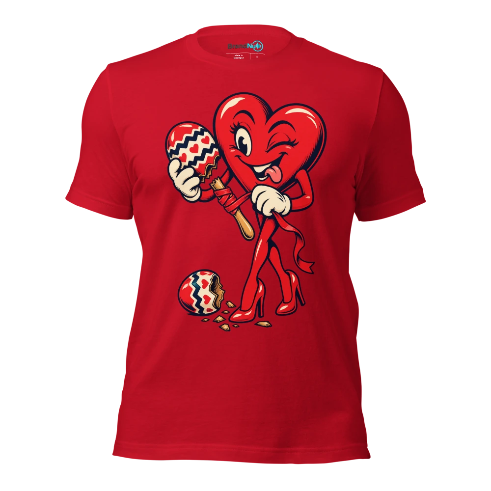 Heart mascot repairing a snapped maraca handle with ribbon T Shirt Red Front