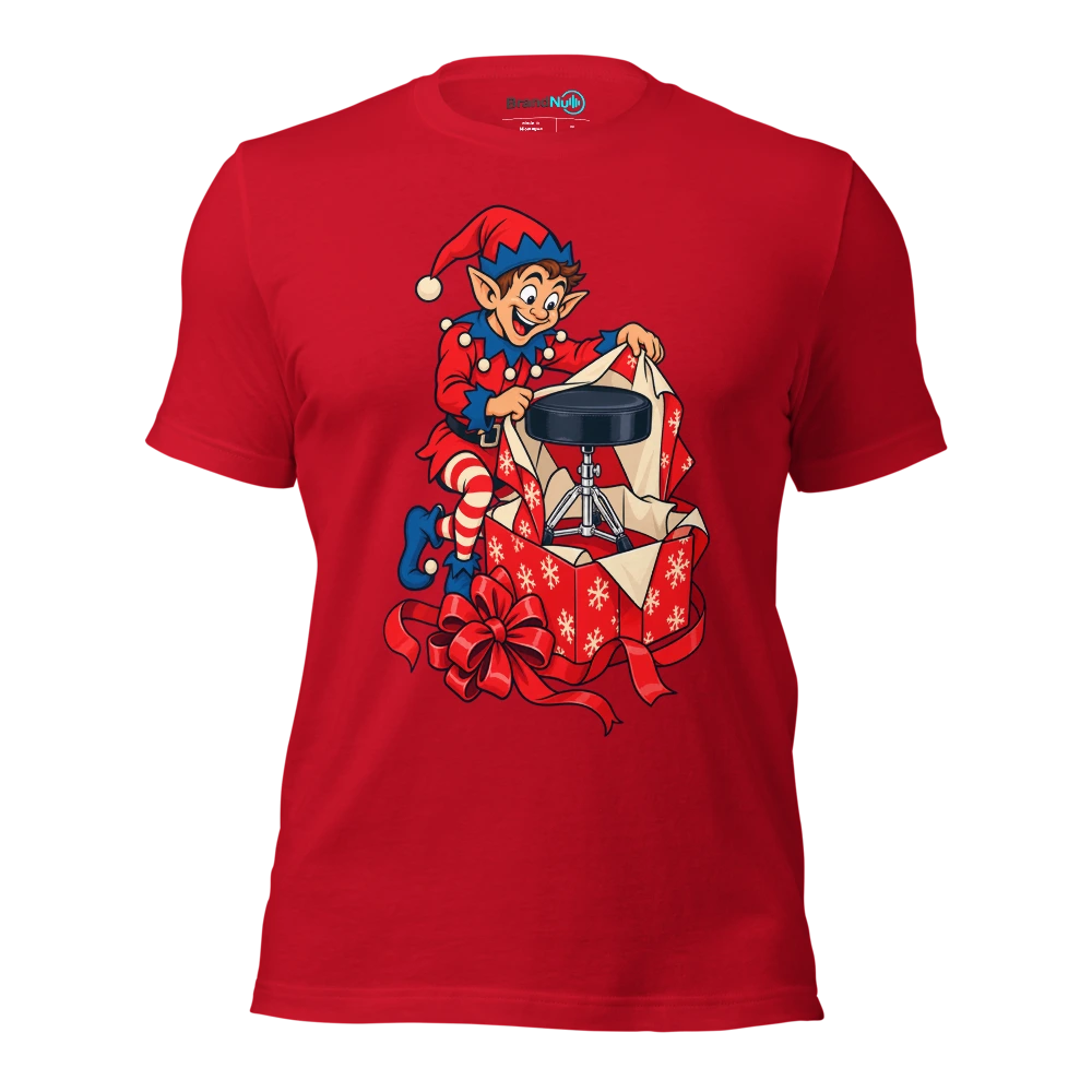 An elf packing a drum stool as though it were a luxury gift T Shirt Red Front