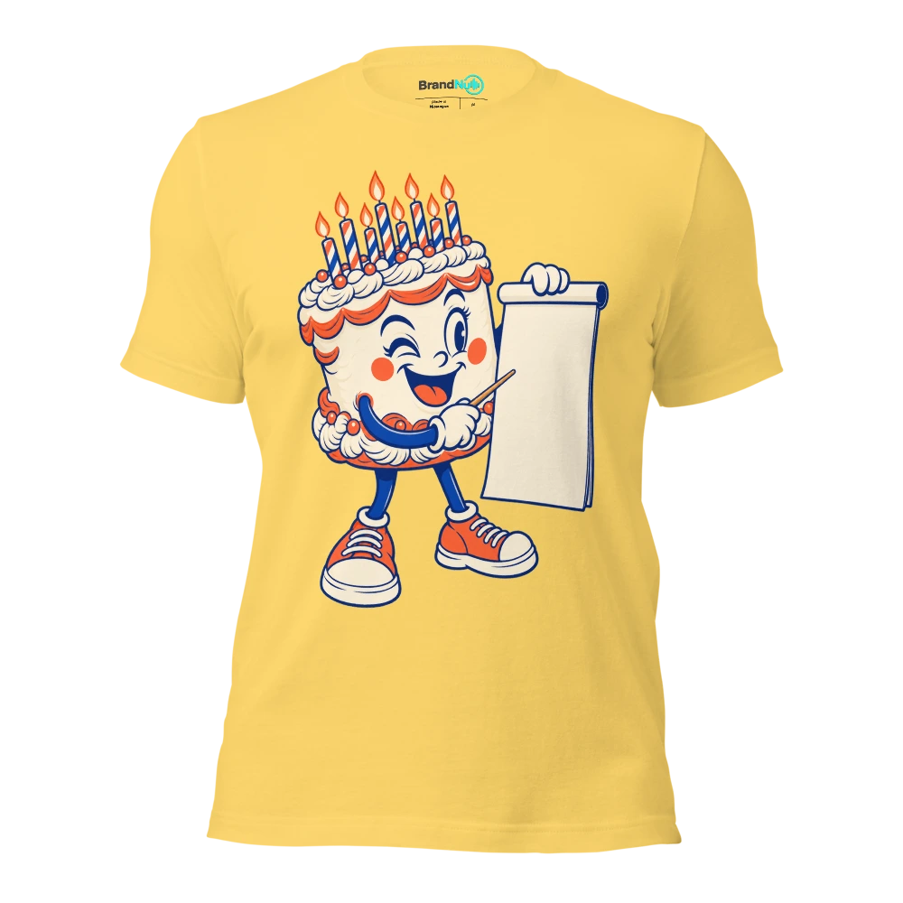 Cake mascot holding a tiny wooden baton and a blank chart T Shirt Yellow Front