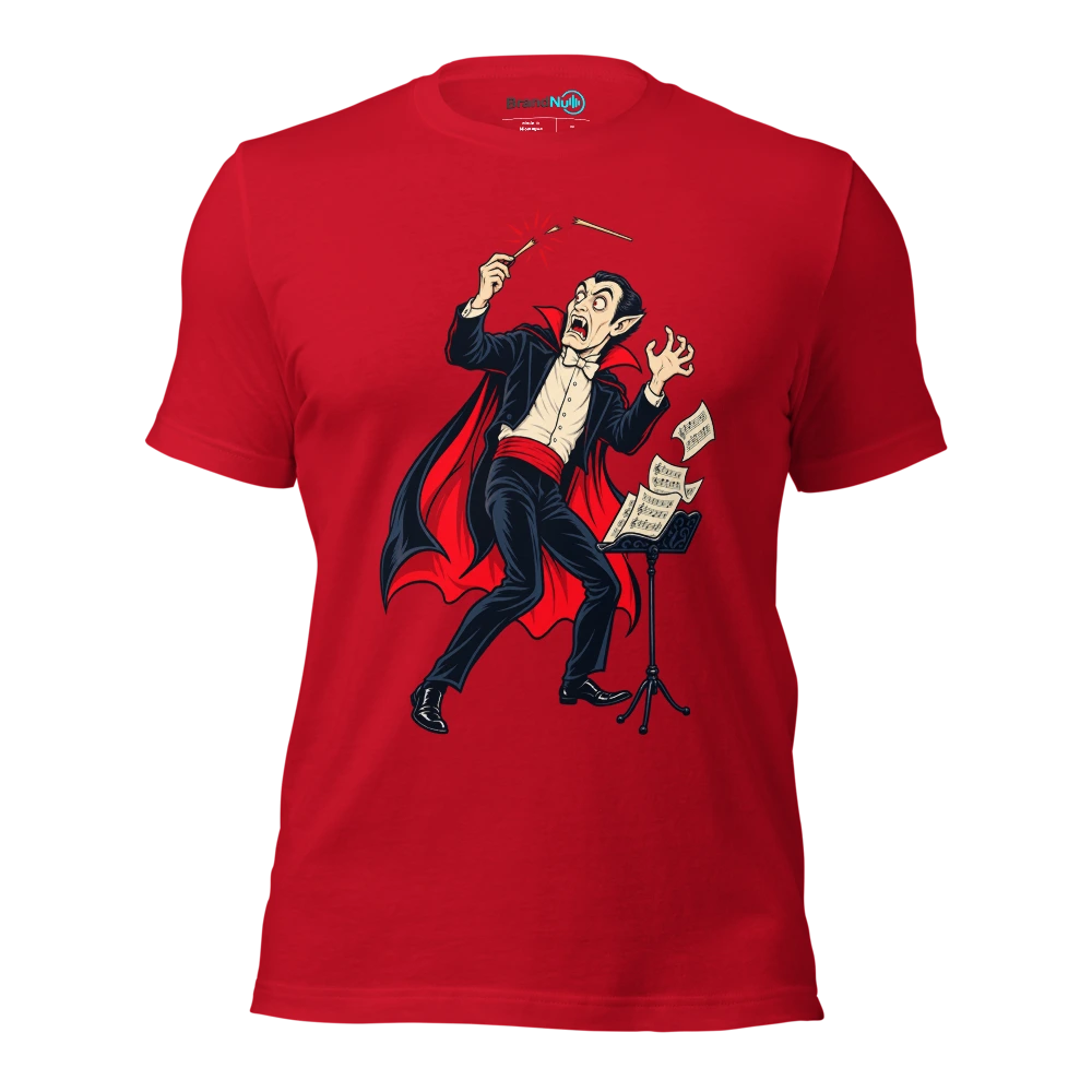 Vampire conductor startled by his own snapping baton T Shirt Red Front