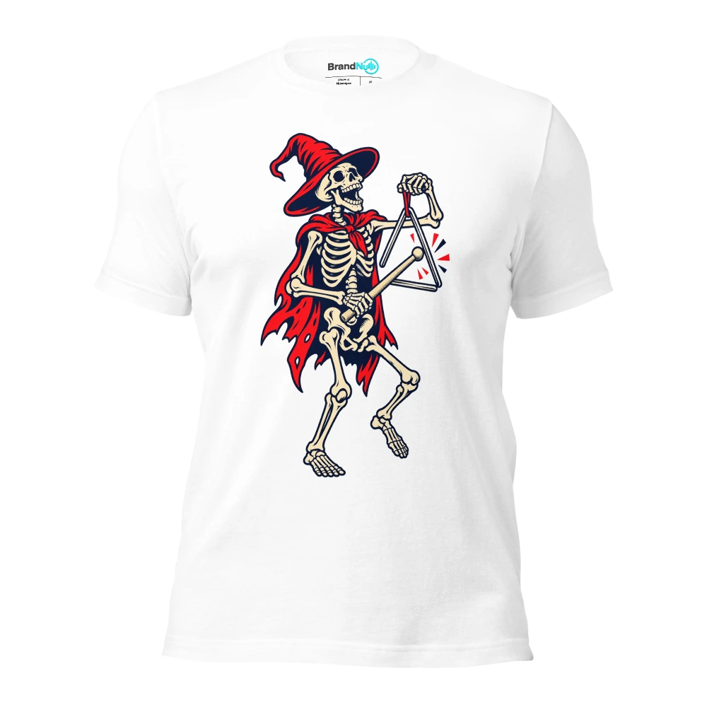 A skeleton playing a triangle with an oversized femur shaped beater T Shirt White Front