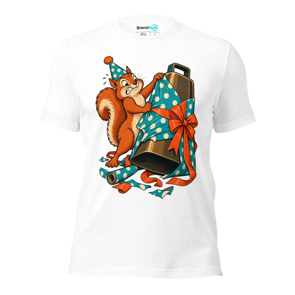 Birthday squirrel struggling to wrap an enormous cowbell T Shirt White Front