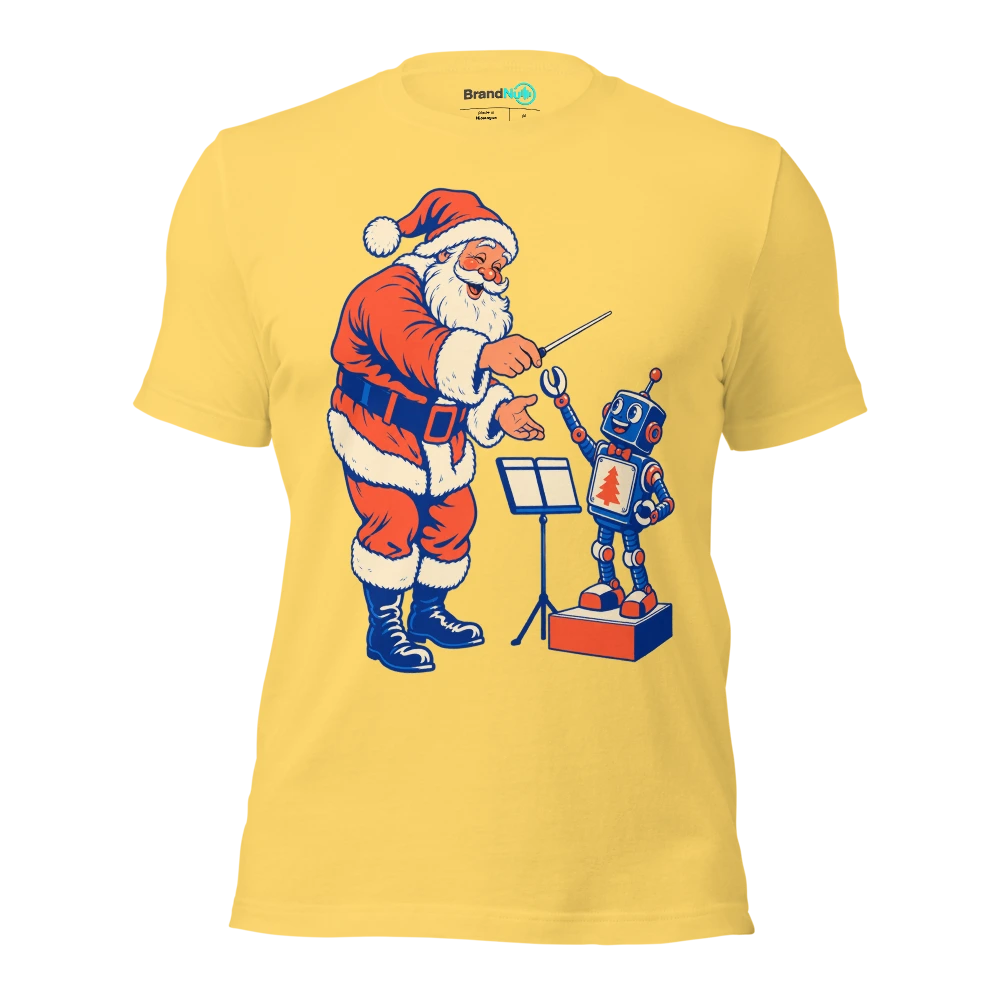 Santa conductor handing his baton to a toy robot T Shirt Yellow Front
