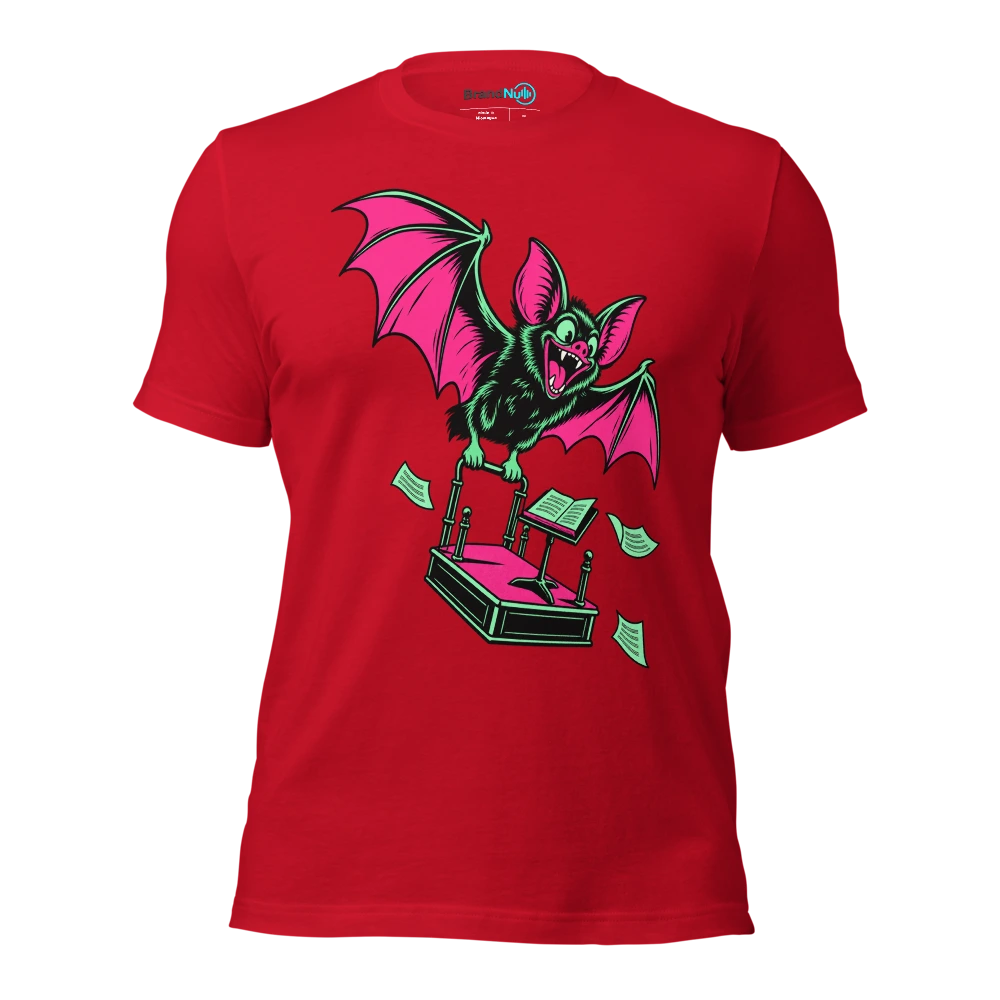 Bat carrying a miniature conductor podium by its handle T Shirt Red Front