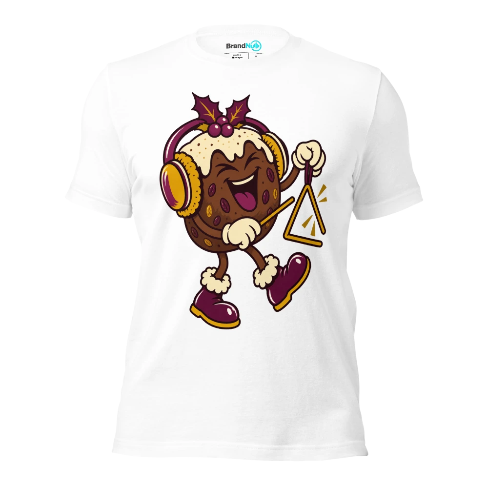 A Christmas pudding wearing oversized ear defenders beside a triangle T Shirt White Front