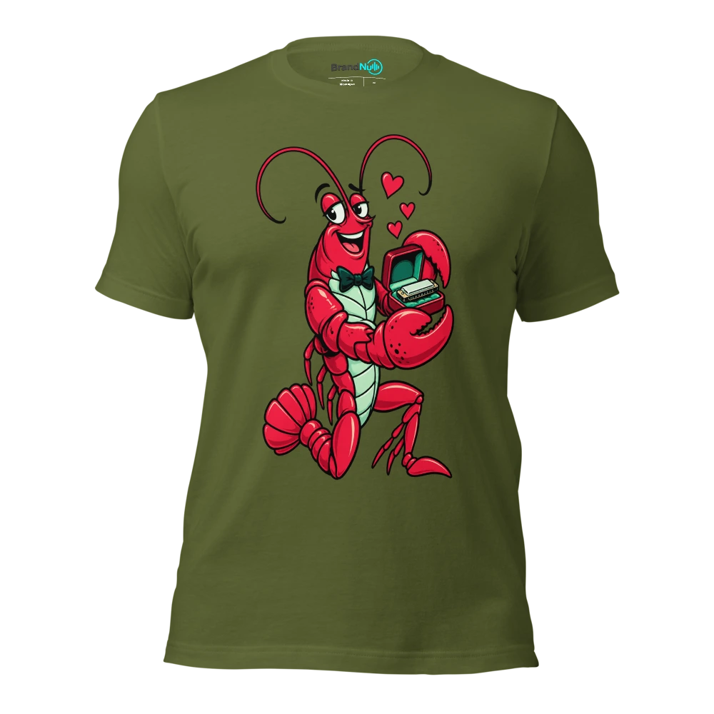 A lobster presenting a tiny harmonica in an open ring box T Shirt Olive Front