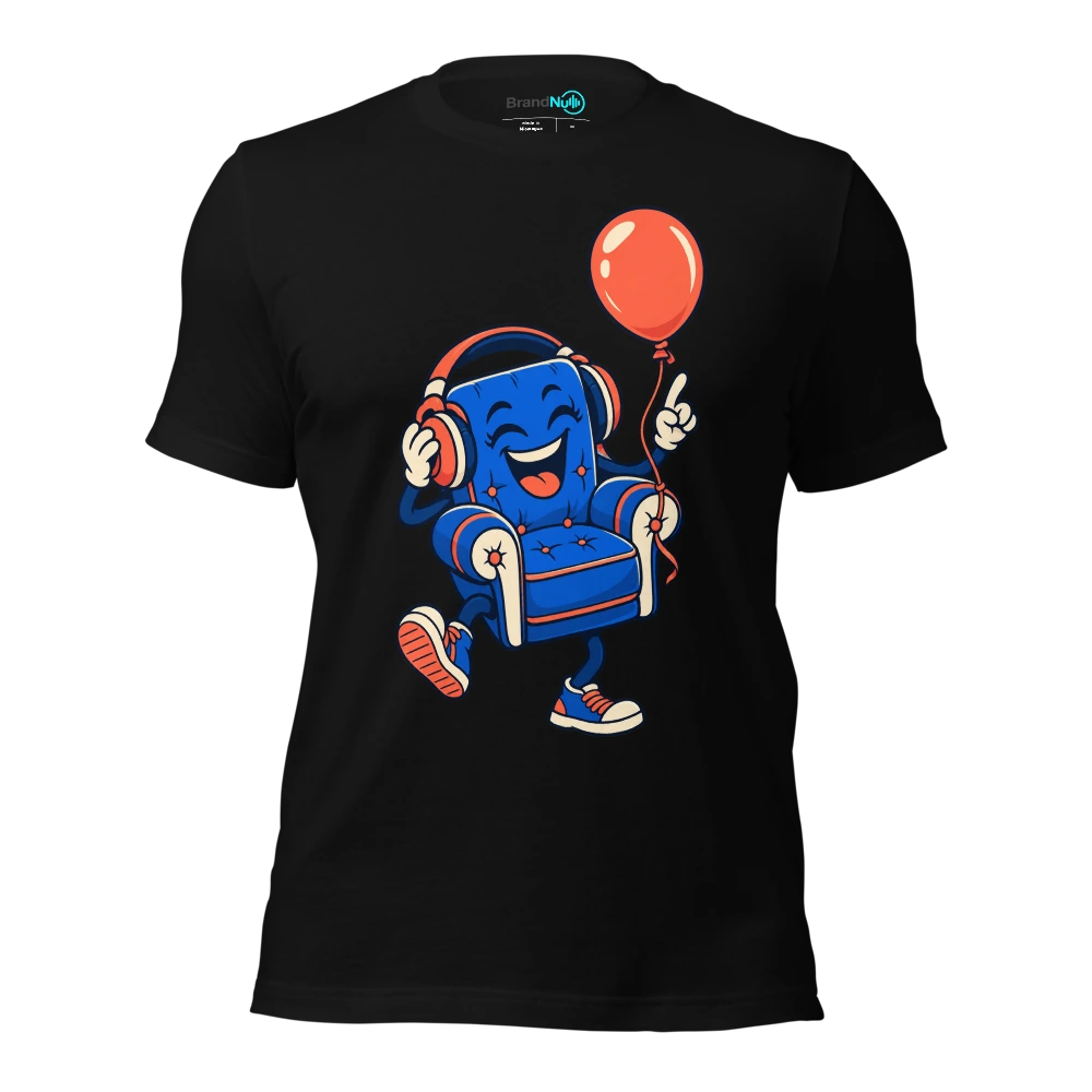 A cheerful armchair wearing headphones with a birthday balloon tied to its leg T Shirt Black Front