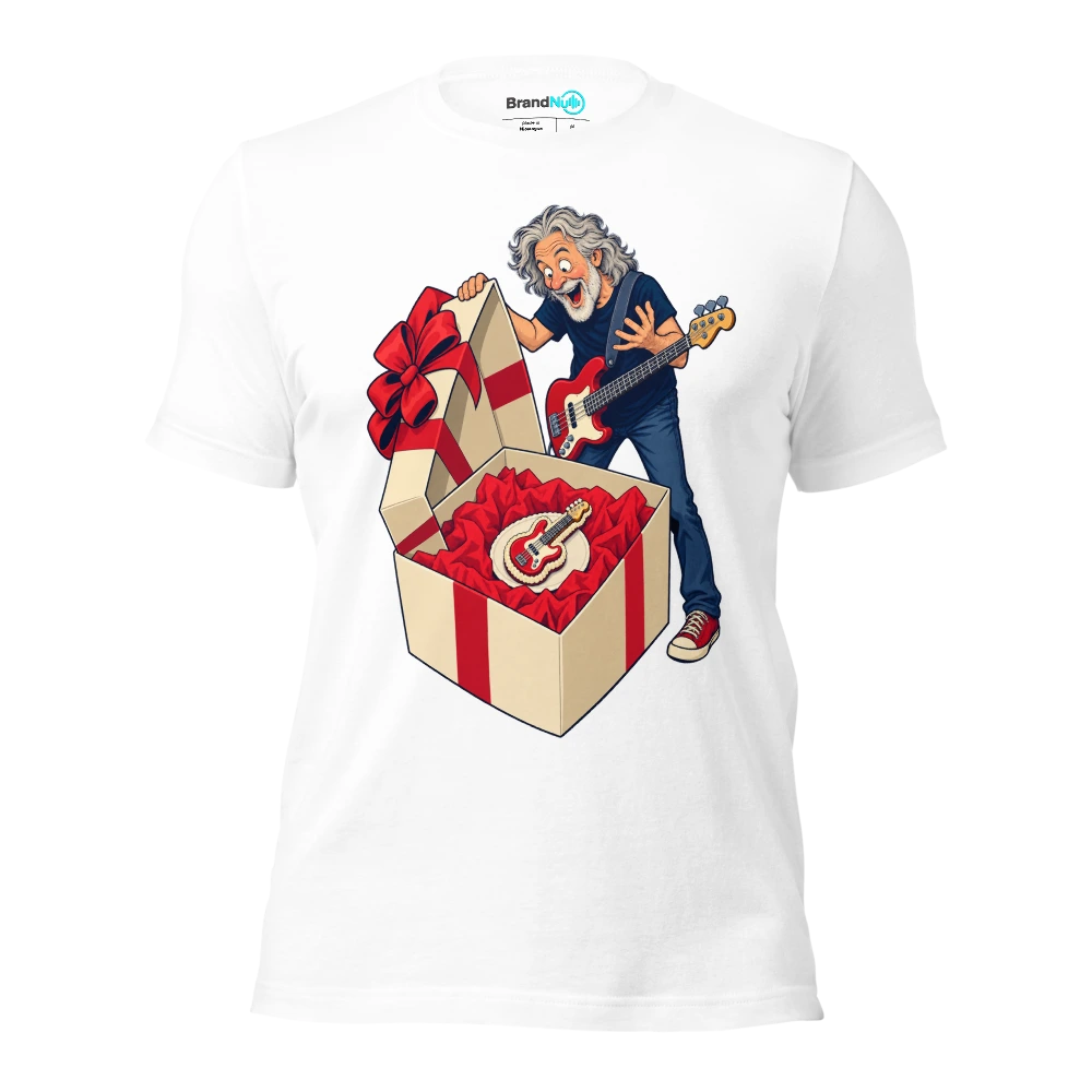 Older bassist finding a tiny bass shaped cake in a huge box T Shirt White Front
