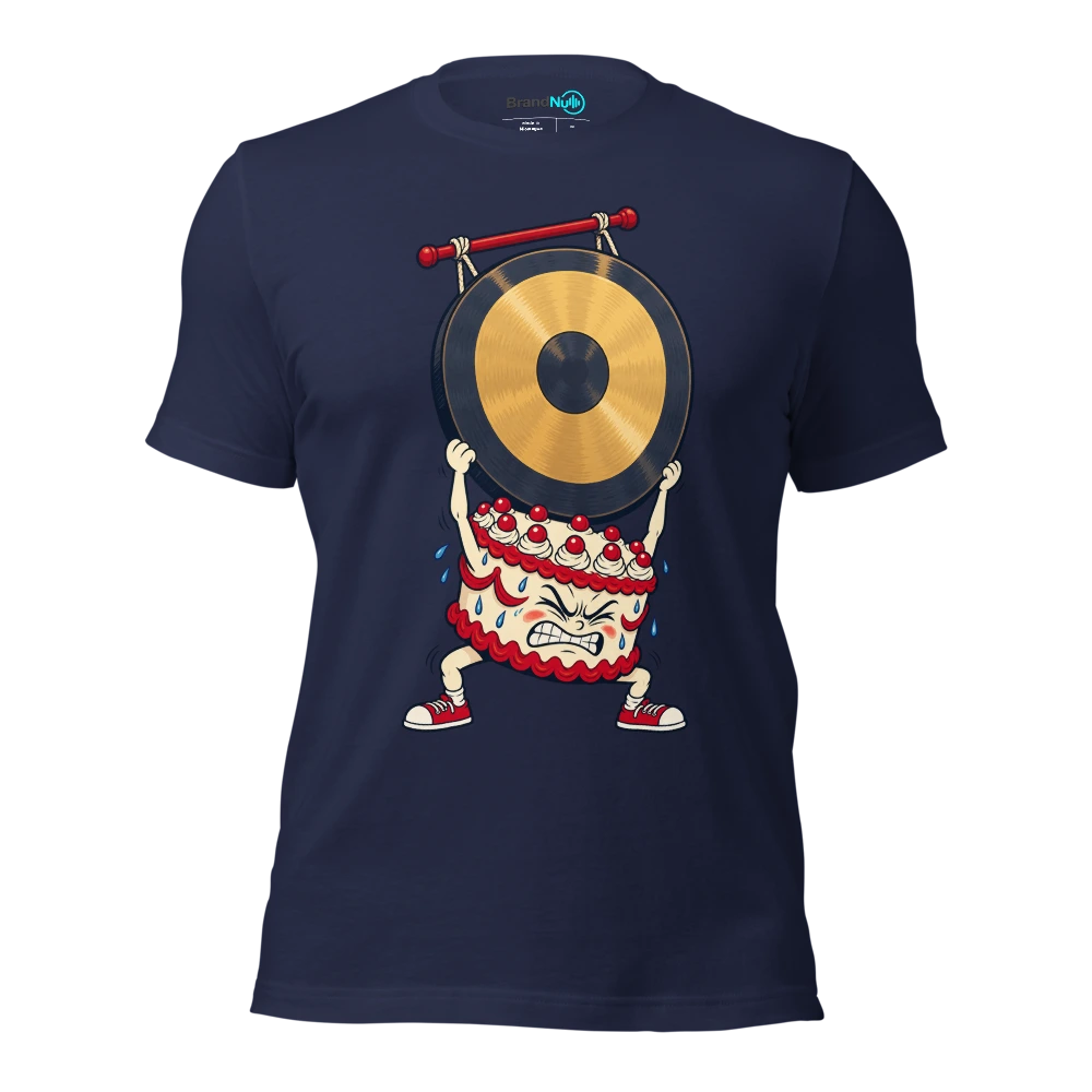 Cake mascot attempting to lift a gong with tiny arms T Shirt Navy Front